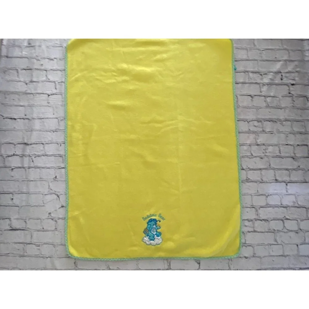 Vintage Care Bears Fleece Baby Blanket Bedtime Bear Sweet Dreams Yellow Blue EUC